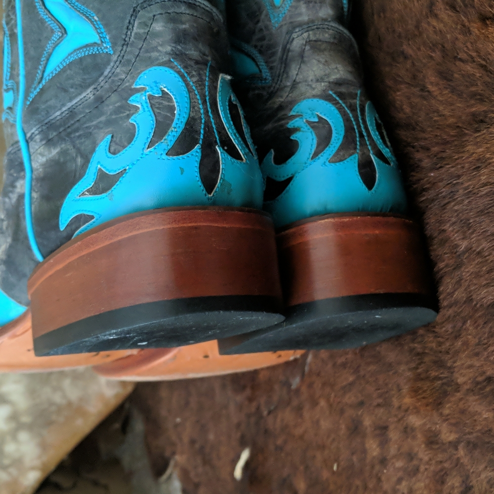 JOHNNY RINGO E1385 charcoal gray & turquoise wing tip boots square toe sz 6.5B - Picture 14 of 16